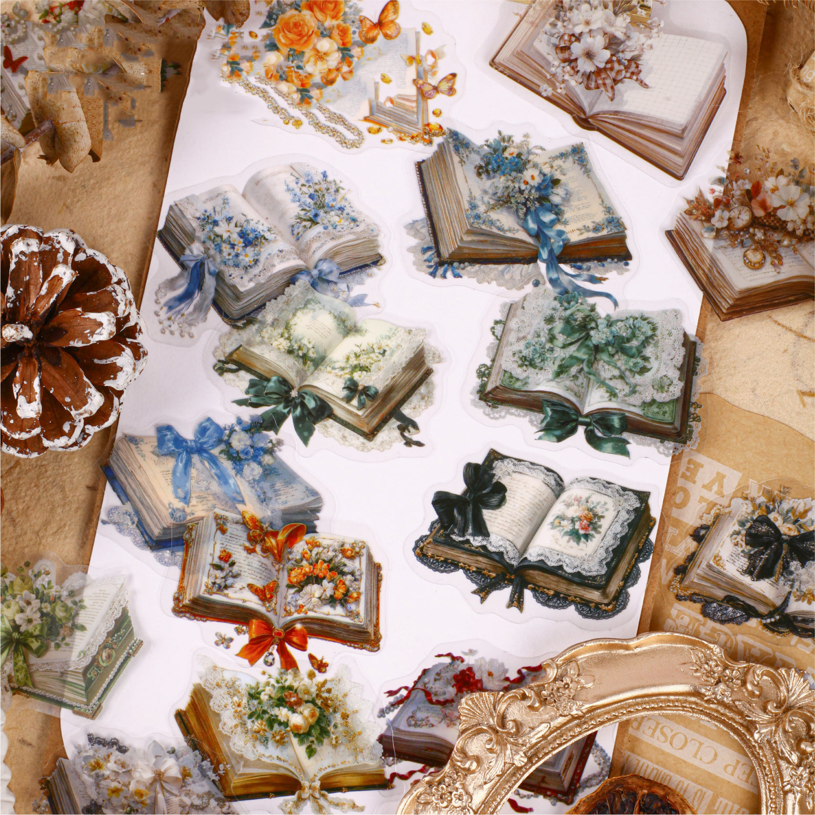 PET 스티커 - 책 테마 시리즈 빈티지 레이스 책 꽃