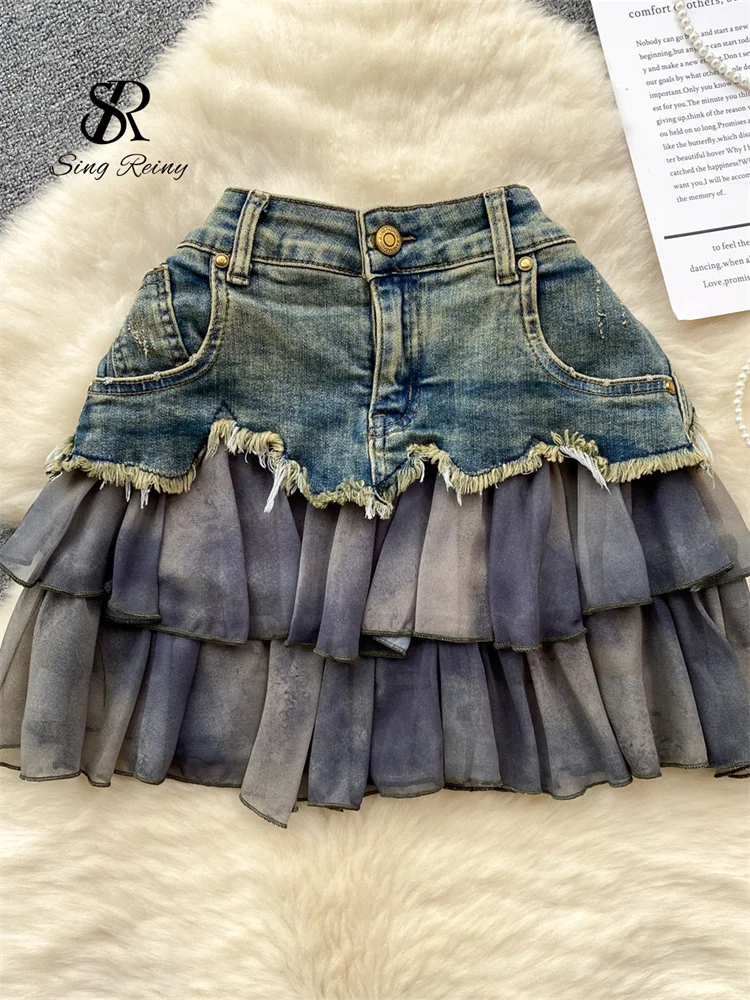 Huibahe Fashion Sexy Mini Skirt Women Chiffon Ruffled Edge Patchwork Denim Skirts American Vintage A Line Hotsweet Skirt