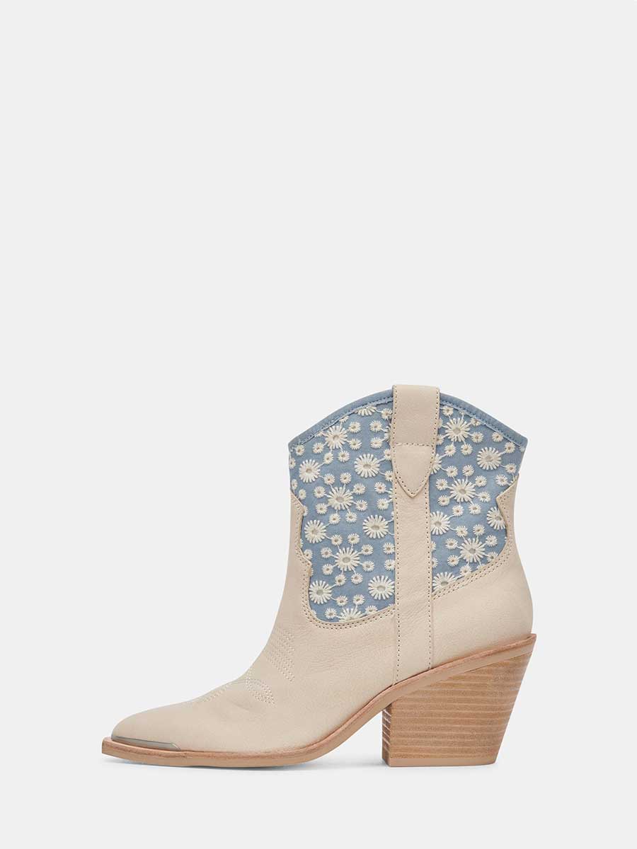 Beige Vegan Leather Lining Textile Floral Embroidered Cowgirl Ankle Boots 