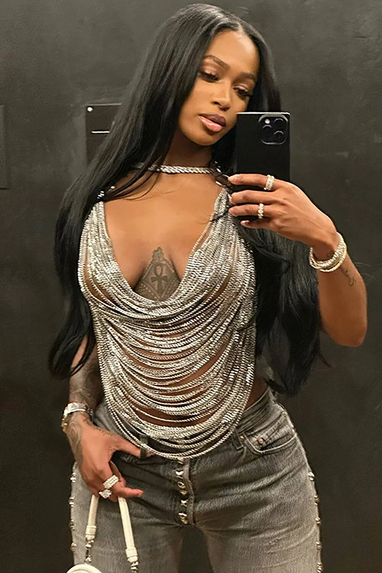 Metal Chains Design Halter Neck Party Top-Silver