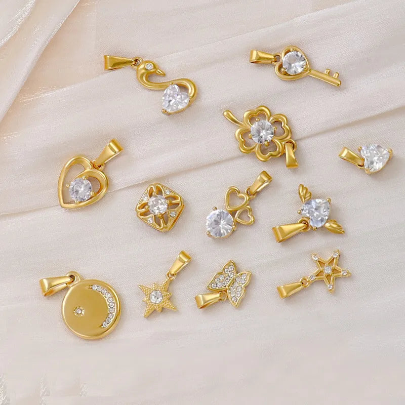 1 Piece 13.3*20.7mm 304 Stainless Steel Zircon 24K Gold Plated Star Heart Shape Butterfly Polished Pendant Jewelry Accessories