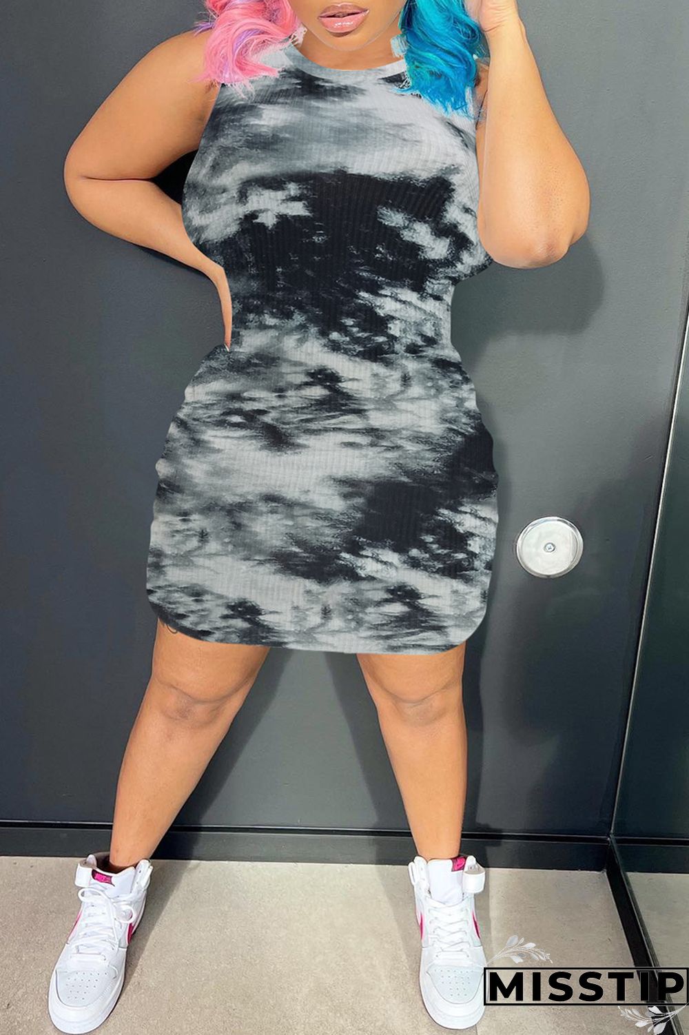 Pink Casual Print Tie Dye Basic O Neck Sleeveless Dress Dresses