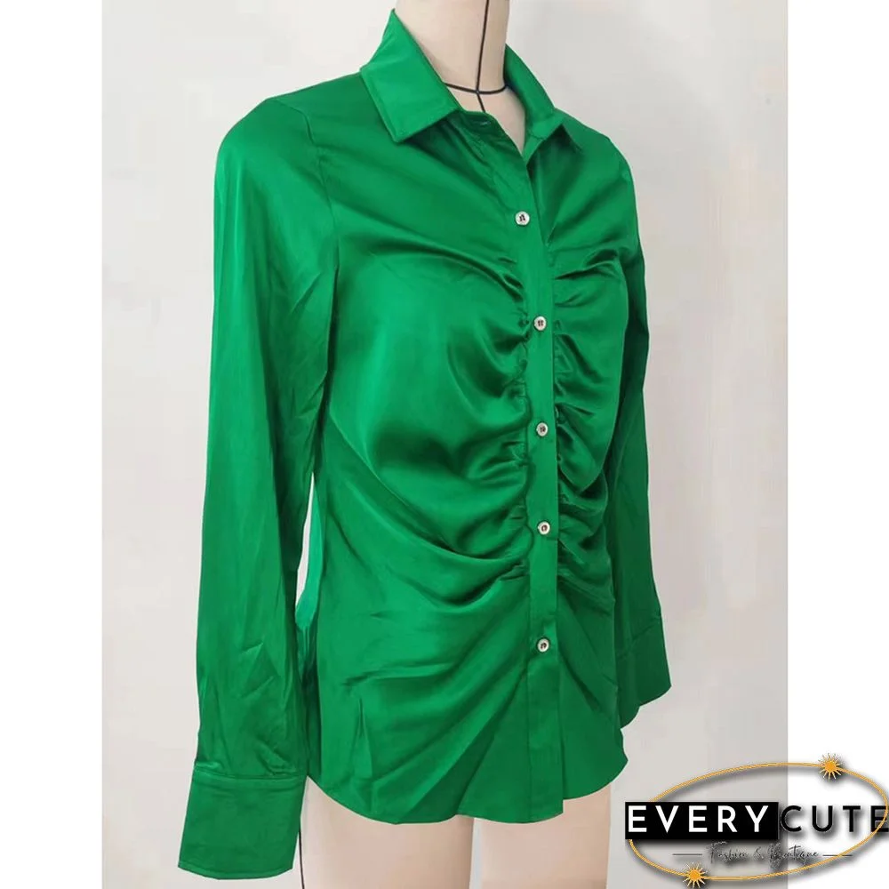 Green Pleated Button Long Sleeve Shirt