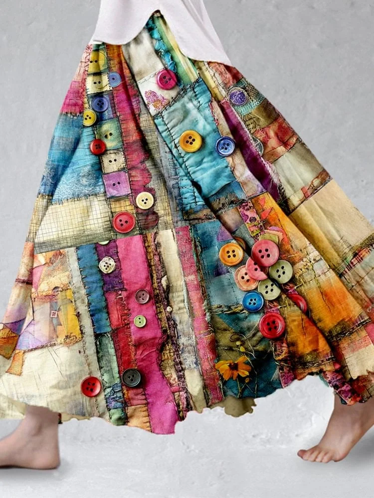 Women's Retro Textile Flowy Linen Blend Wide Skirt 