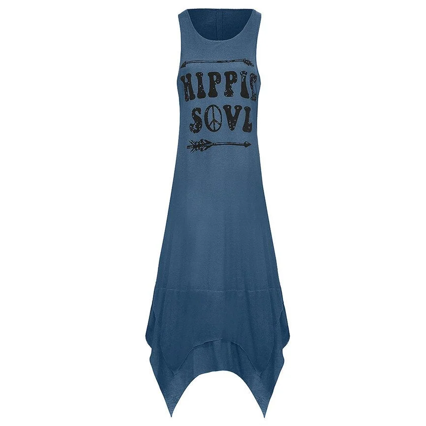 Hippie Soul Sleeveless Dress Summer Casual Letter Printed Plus Size Woman Tank Top Dress Fashion Loose O-Neck Female Beach Dress
