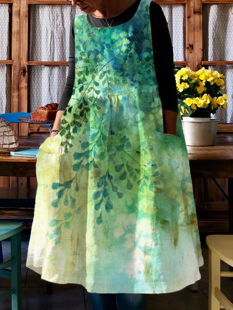 Leaves Gradient Watercolor Art Pinafore Midi Dress  artssus