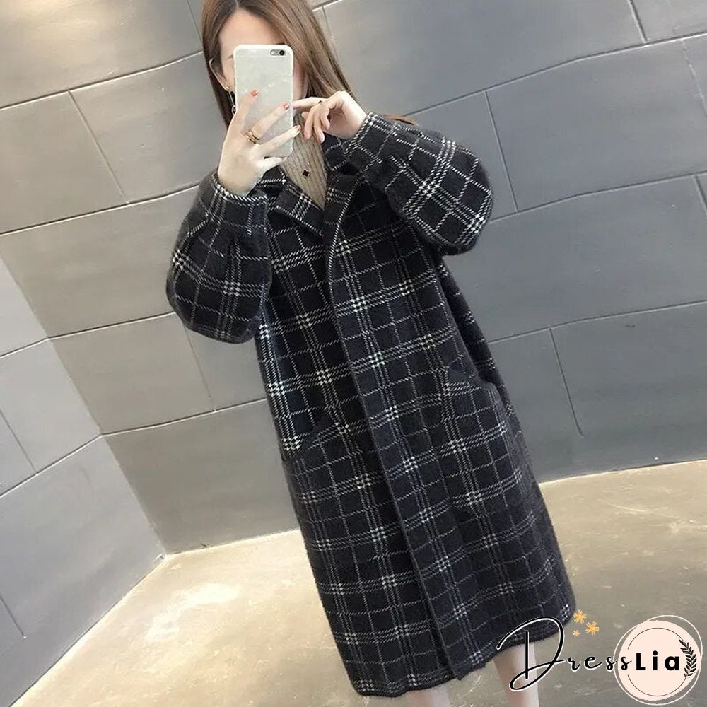 Elegant Plaid Woolen Jacket Women Korean Fashion Big Pocket Long Wool Coat Autumn Winter Warm Soft Covered Button Outwear