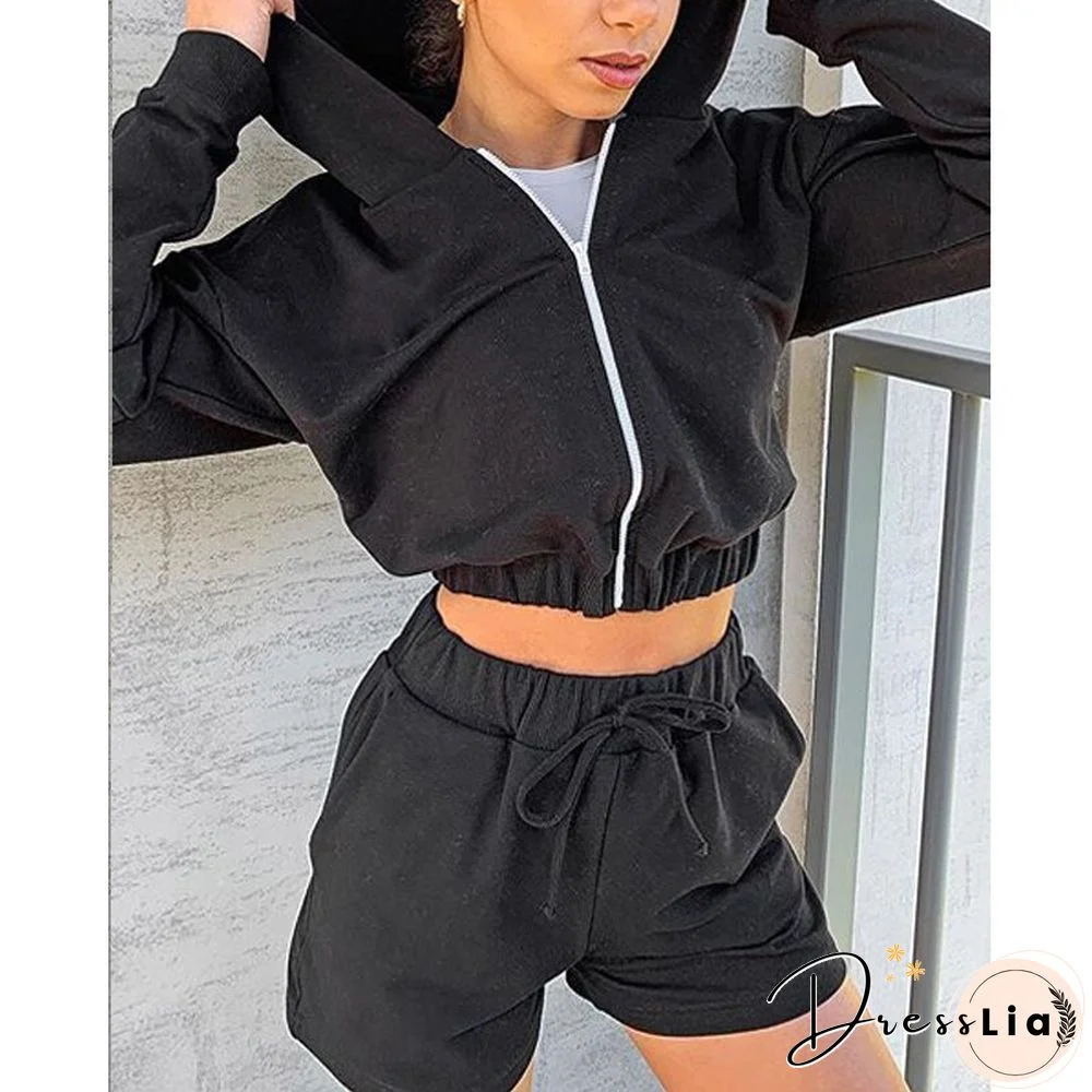Women Autumn Sexy Solid Outfits New Hooded Zipper Long Sleeve Short Sweatshirts + Sports Shorts Suits Casual Tracksuits 2Pcs Set