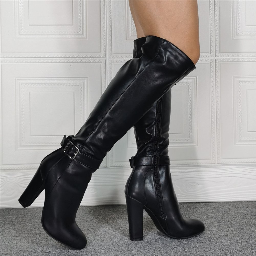 Women's Black Sexy Round Toe Thick High Heel leather buckle Knee High Boots Novameme