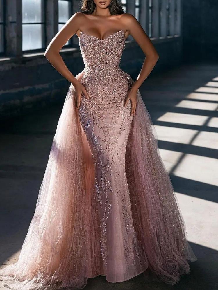 Promsstyle Gorgeous sequins tube top slim evening dress uninclude flowy mesh yarn Prom Dress 2023