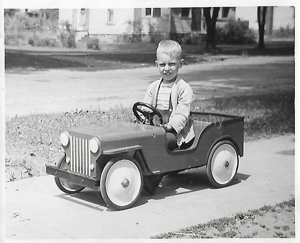 Found Photo Poster paintinggraph bw PEDAL CAR BOY Original Portrait VINTAGE 15 9 B