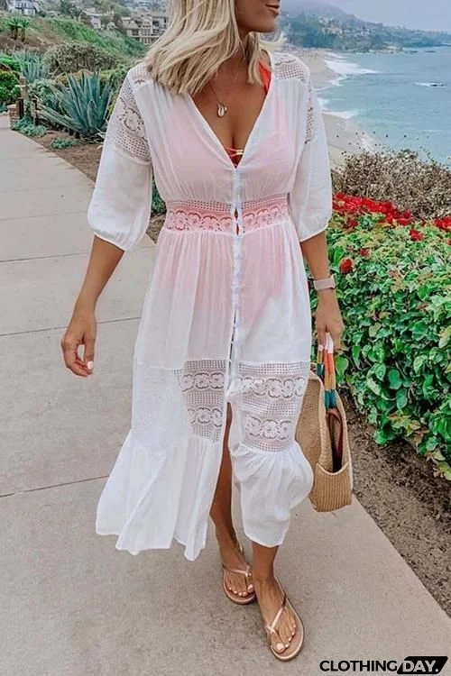 Lace Patchwork Button Cover Dress