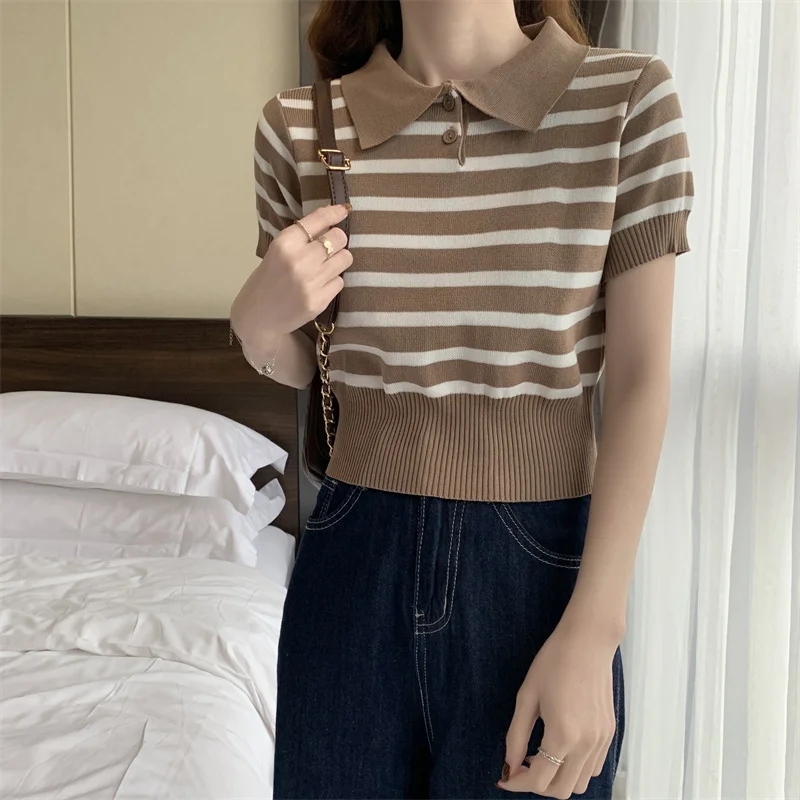 Uveng Uveng T-Shirt Design Sense Of Summer Korean Chic Hong Kong Chic Straight Shoulder-Repair Striped Knitting Top In Tide