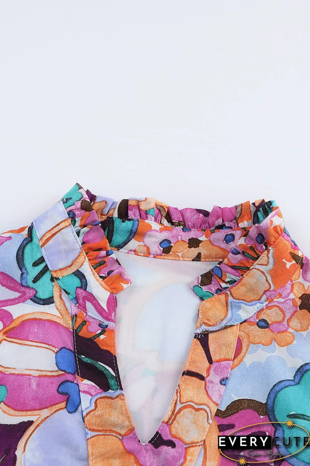 Multicolor Floral Print V Neck Puff Sleeve Mini Dress