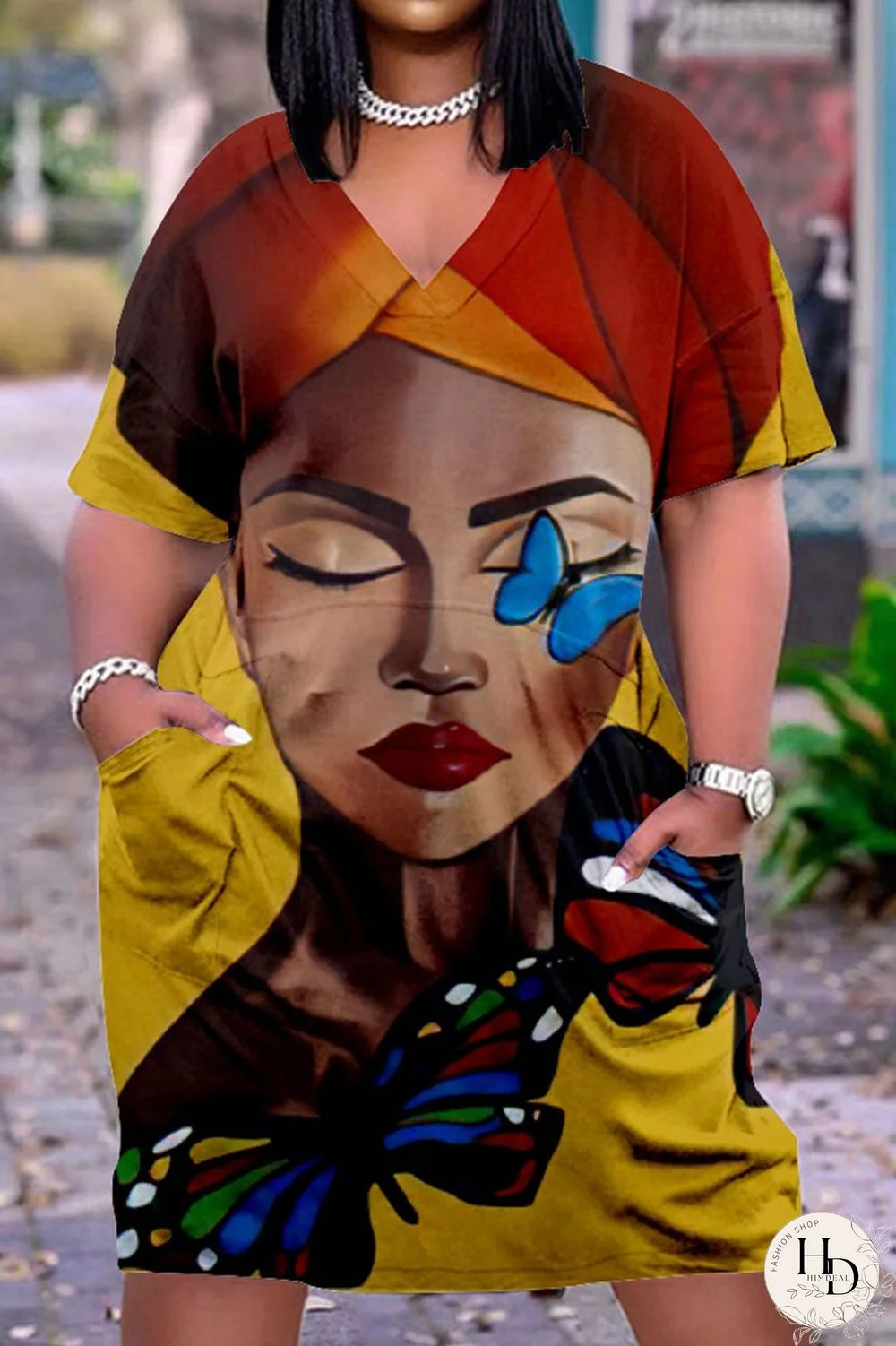 Shallow Yellow Fashion Casual Print Basic V Neck Short Sleeve Dress