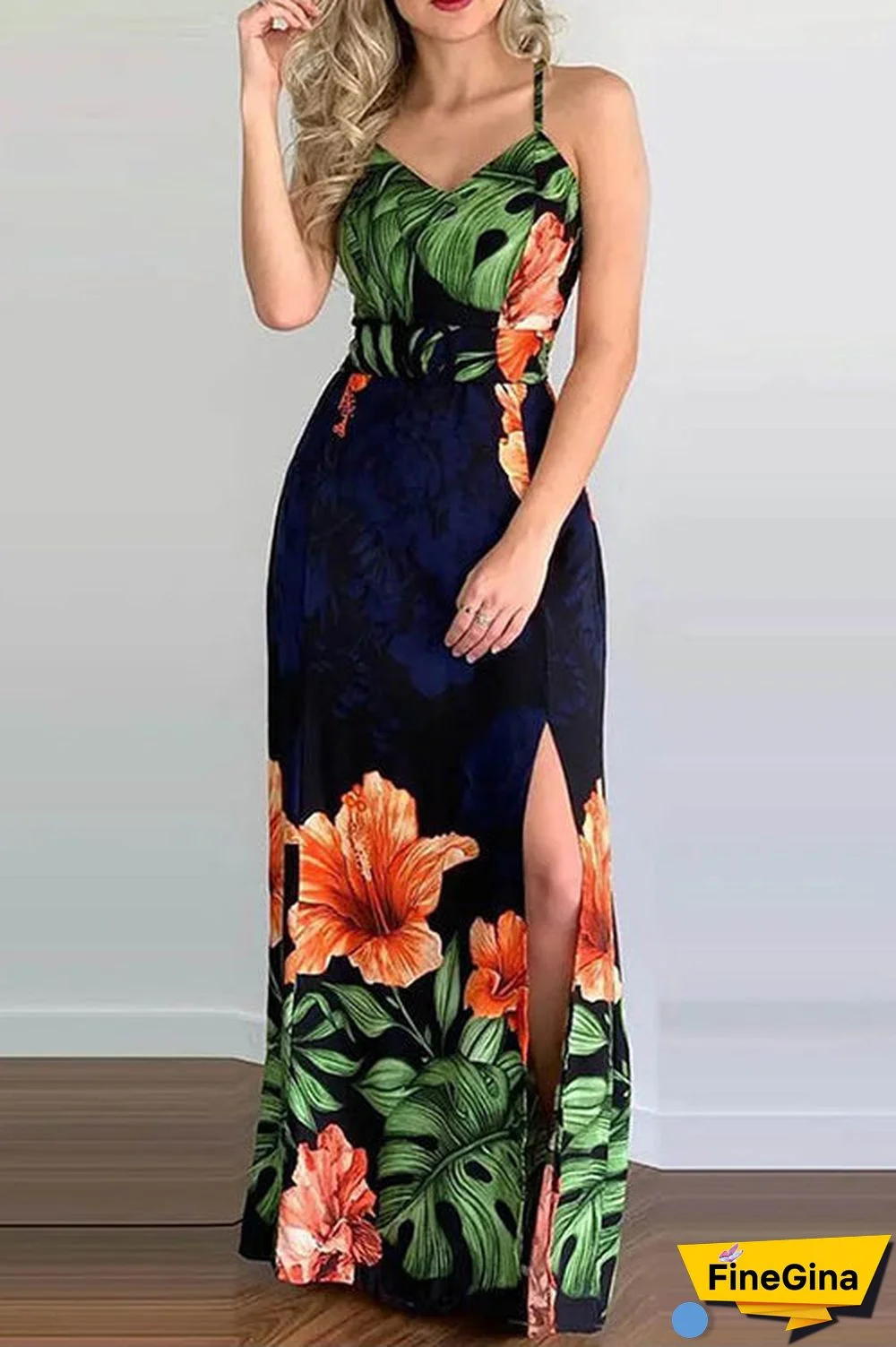 Tropical Print Slit Crisscross Backless Maxi Dress
