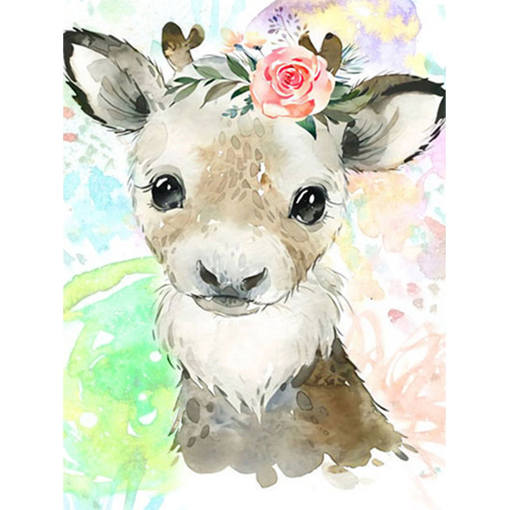 

30*40CM - Cartoon Elk With Flower - Round Drill Diamond Painting, 501 Original
