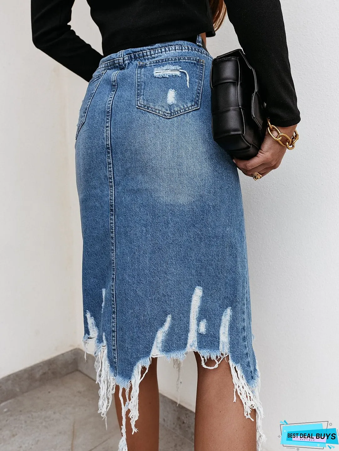 Women's Summer Ripped Fringed Irregular Hem Denim Skirt