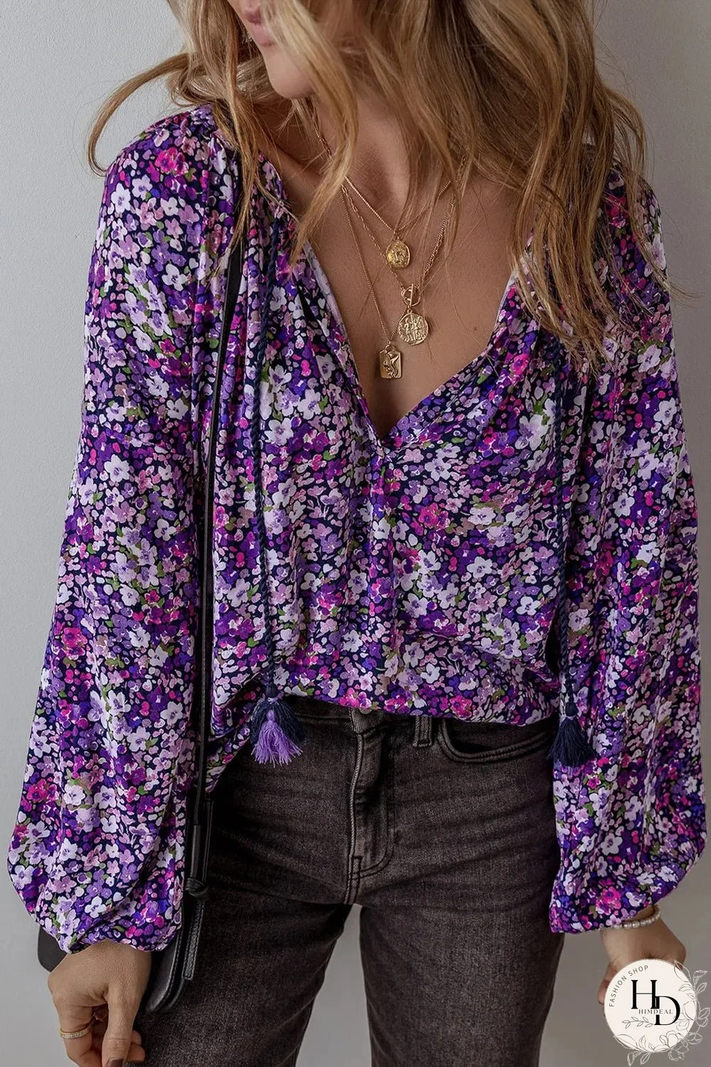 Purple Boho Flower Split V Neck Bubble Sleeve Blouse