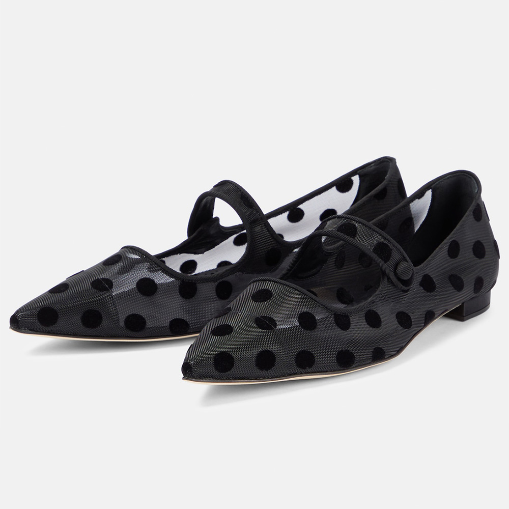 Black Pointed Toe Polka Dot Print Mary Jane Ballet Flats  Nicepairs