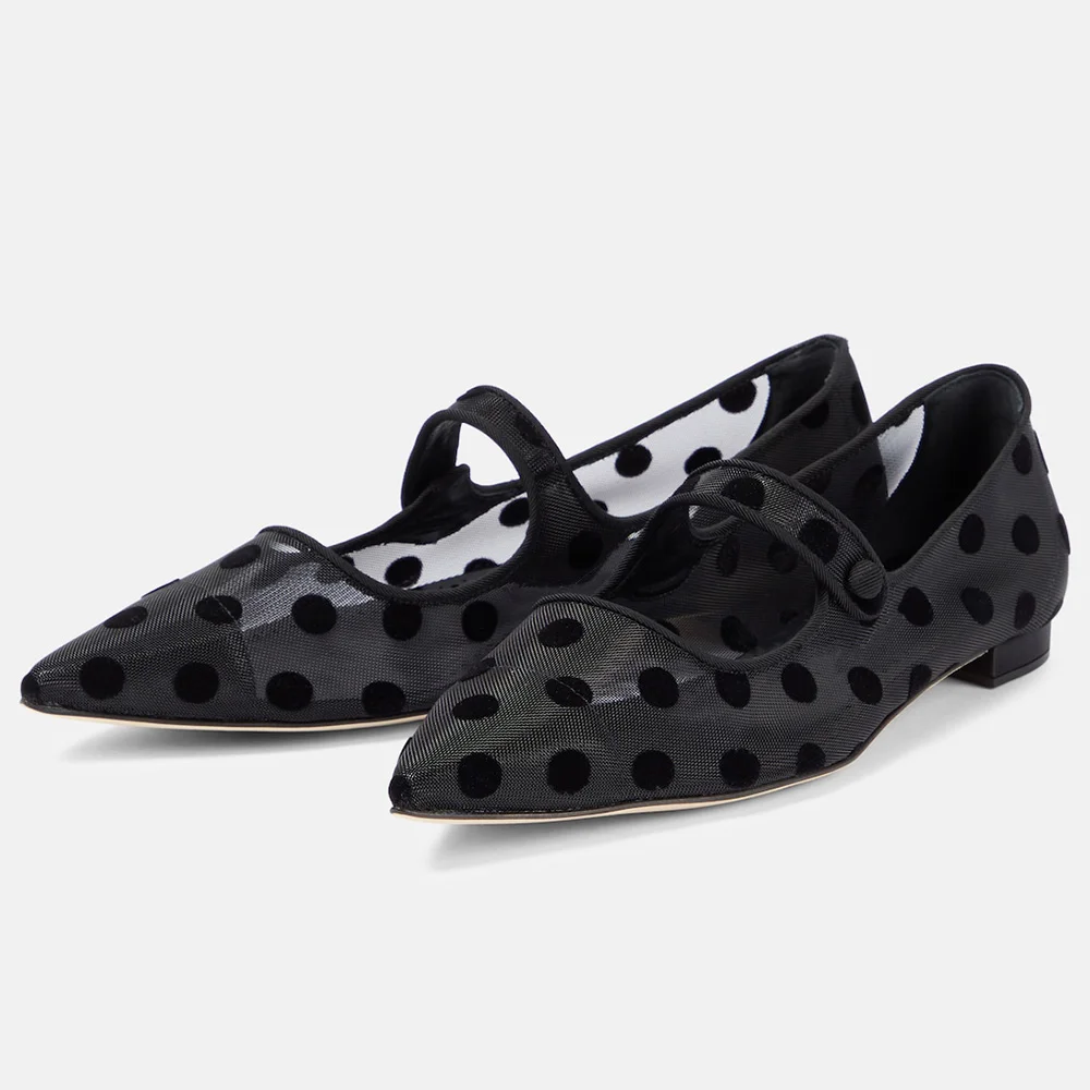 Black Pointed Toe Ballet Flats Polka Dot Printed Mary Jane Shoes Nicepairs