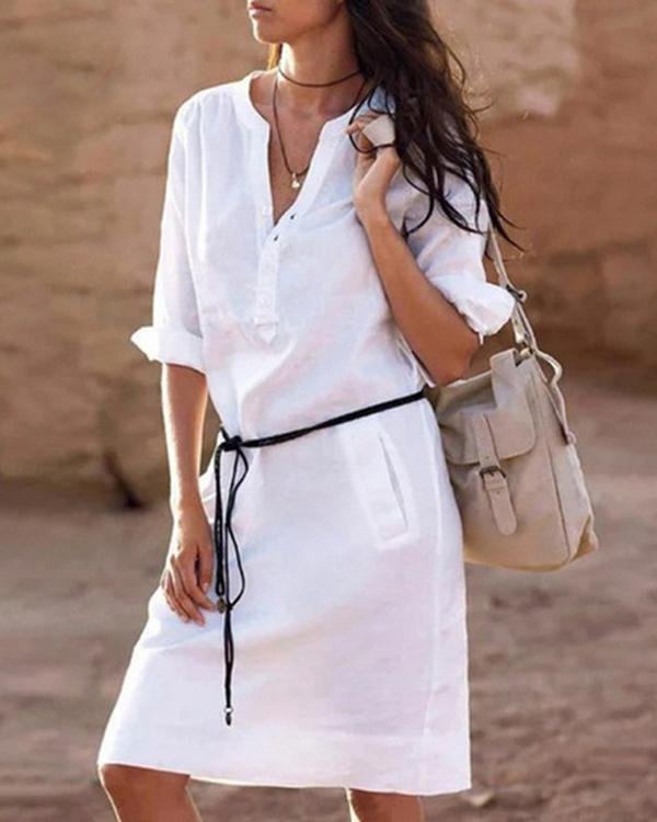 Womens Stand Collar Half Sleeve Basic Pockets Solid  Plus Size Dress