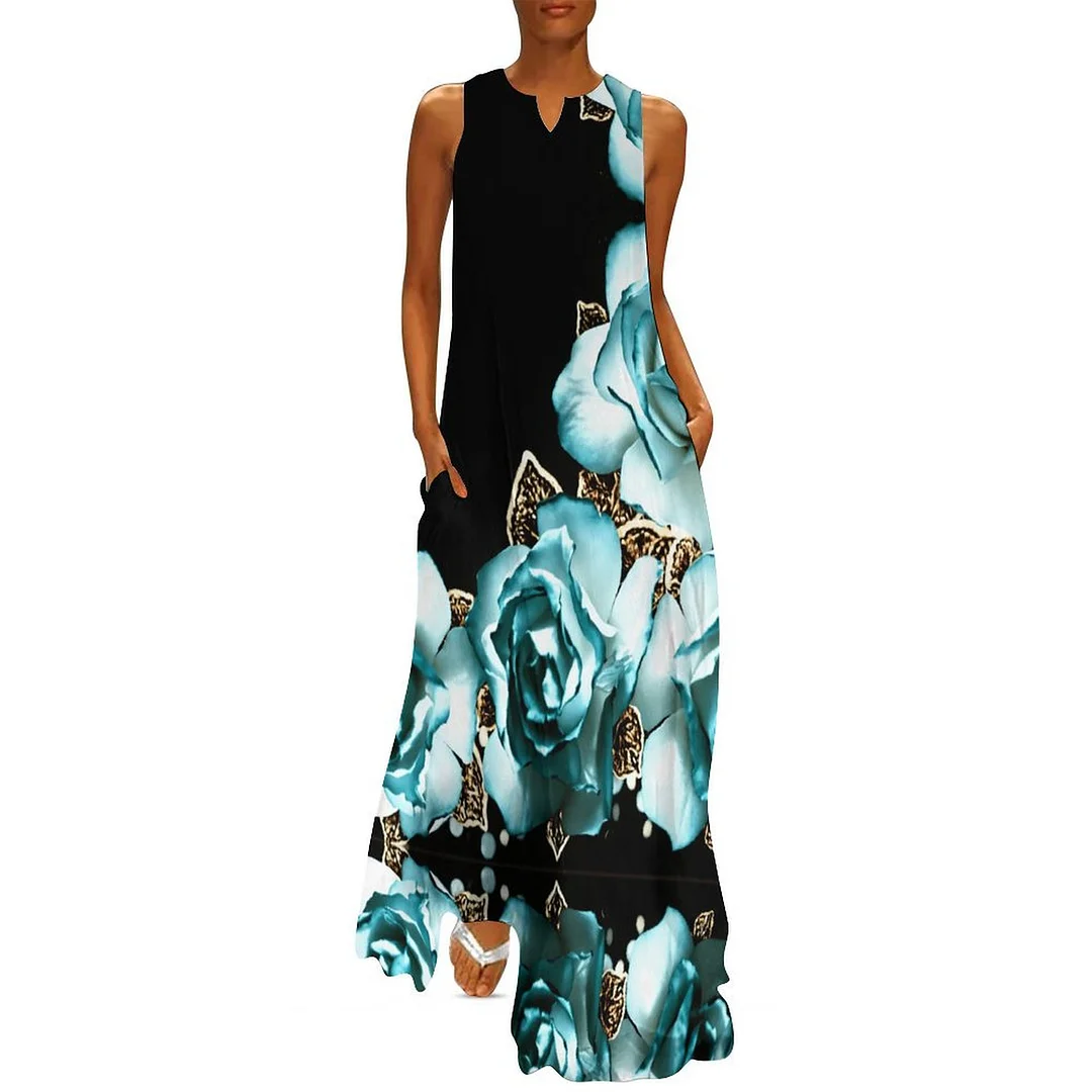 Style & Comfort for Mature Women Plus Size Printed Sleeveless Casual Women Maxi Dress with Pockets in Pattern Turquoise, Floral, Green, Rose, Black