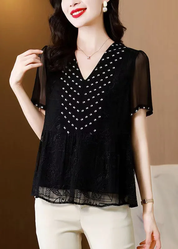New Black V Neck Embroidered Chiffon Blouse Tops Summer