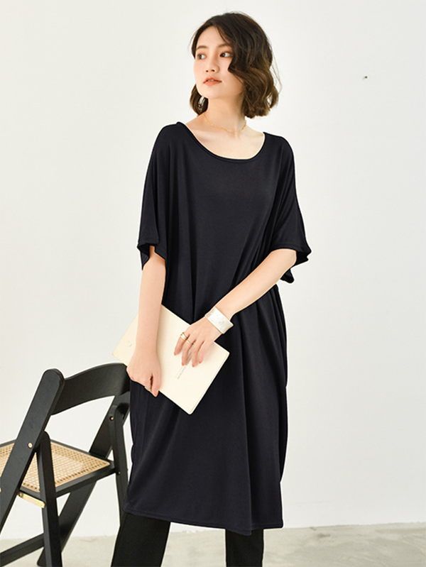 Casual Batwing Half Sleeves Solid Color Round-Neck Midi Dresses