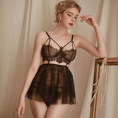 Sexy Lace Bra and Panty Set with Garter Belt Women's Lingerie Y-Line Adjustable Shoulder Strap Transparent Brief Bra Sets