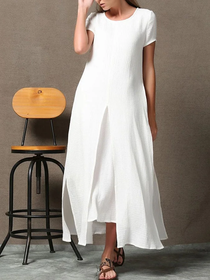 Women'S Casual Solid Color Cotton And Linen Dress 