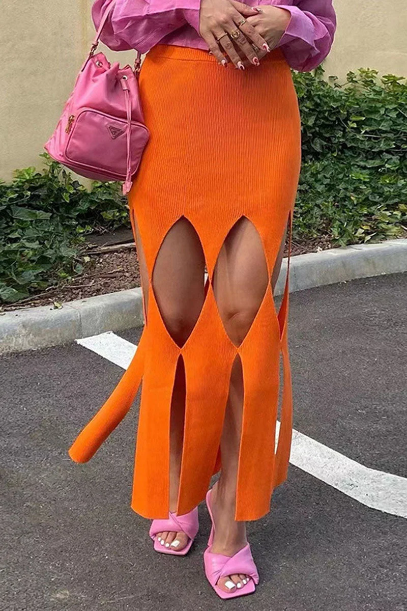 Sexy Solid Hollowed Out Patchwork Regular High Waist Pencil Solid Color Bottoms