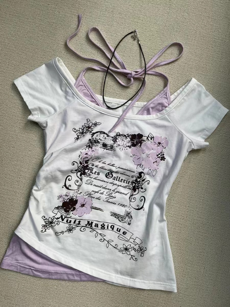 Aonga Summer Retro Purple Halter Fake Two Piece Print T-Shirt Women Y2K Streetwear Hot Girl Slim Fit Harajuku Fashion Casual Tops New aonga