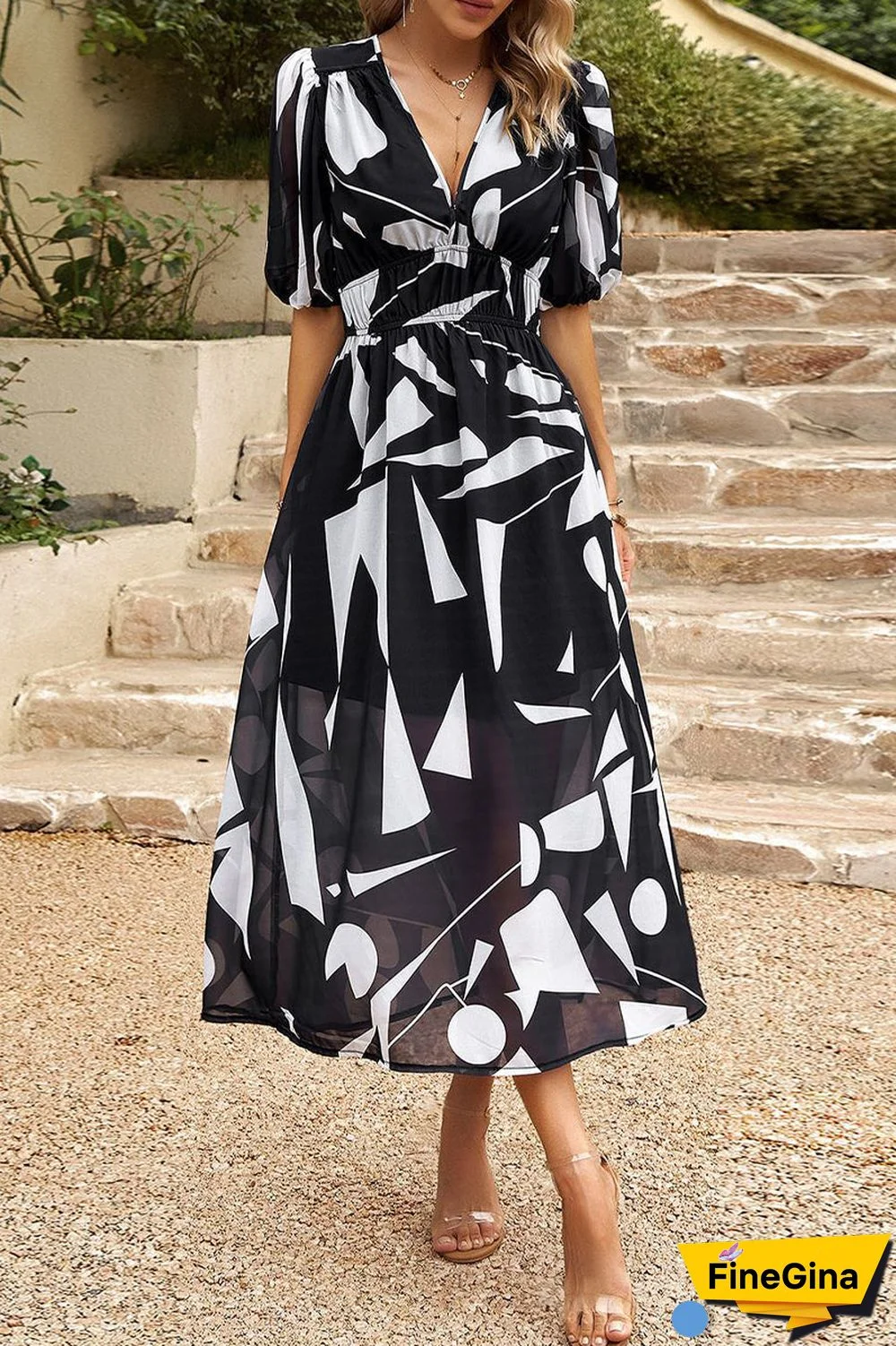 Elegant Print Patchwork V Neck A Line Dresses