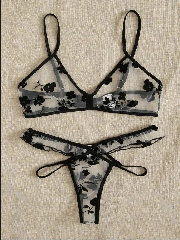 Brownm Sex Lingerie Sexy Women's Net Embroidery Perspective Three-Point Lingerie Set