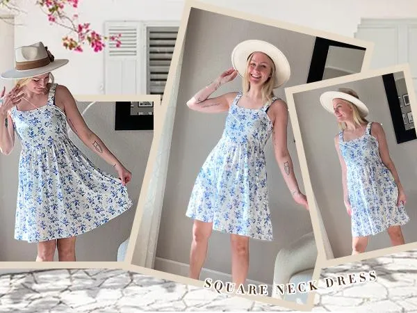 Women's Summer Dress Floral Square Neck Sleeveless Casual Dress with Pockets A-line Swing Mini Dresses Sundress