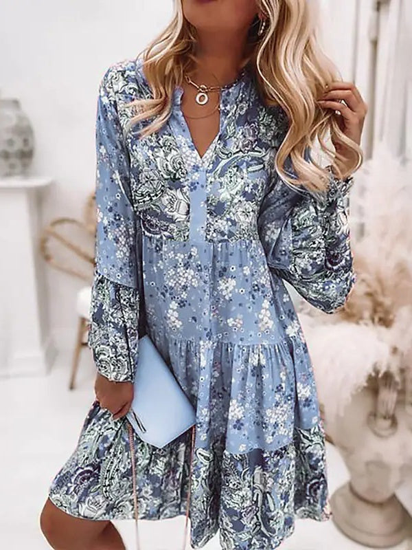 Women Long Sleeve V-neck Graphic Floral Printed Top