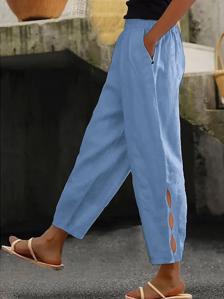 Womens Linen Pants Chinos Cotton And Linen Hole Full Length Grey All Seasons