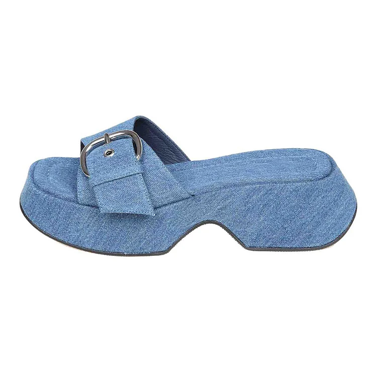 Blue Denim Platform Mules Open Square Toe Buckle Band Slide Sandals |FSJ Shoes