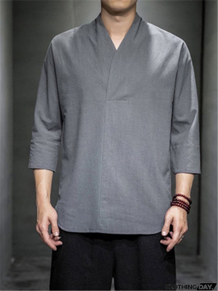 Men Loose 3/4 Sleeve Solid Color Shirts