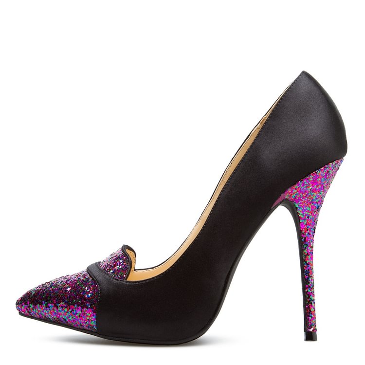 Black Glitter Shoes Pointy Toe Stiletto Heels Pumps |FSJ Shoes