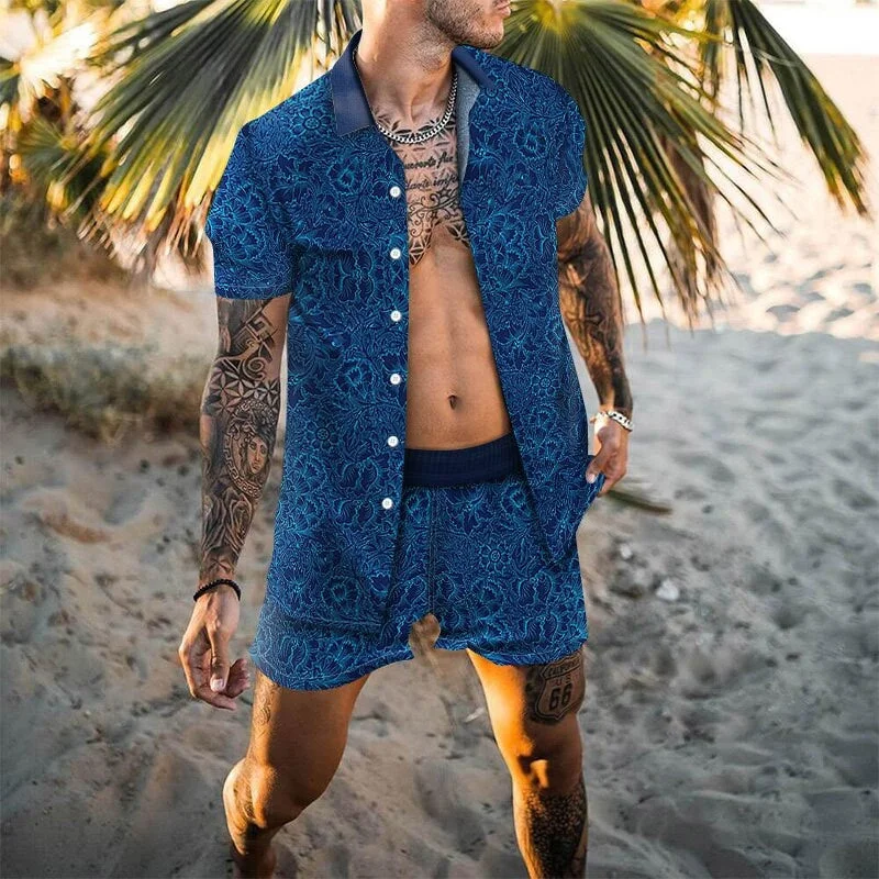 Summer Men Hawaiian Sets Printing Short Sleeve Button Shirt Beach Shorts  Two Set Streetwear Casual Holiday Men's 2 Piece Suit