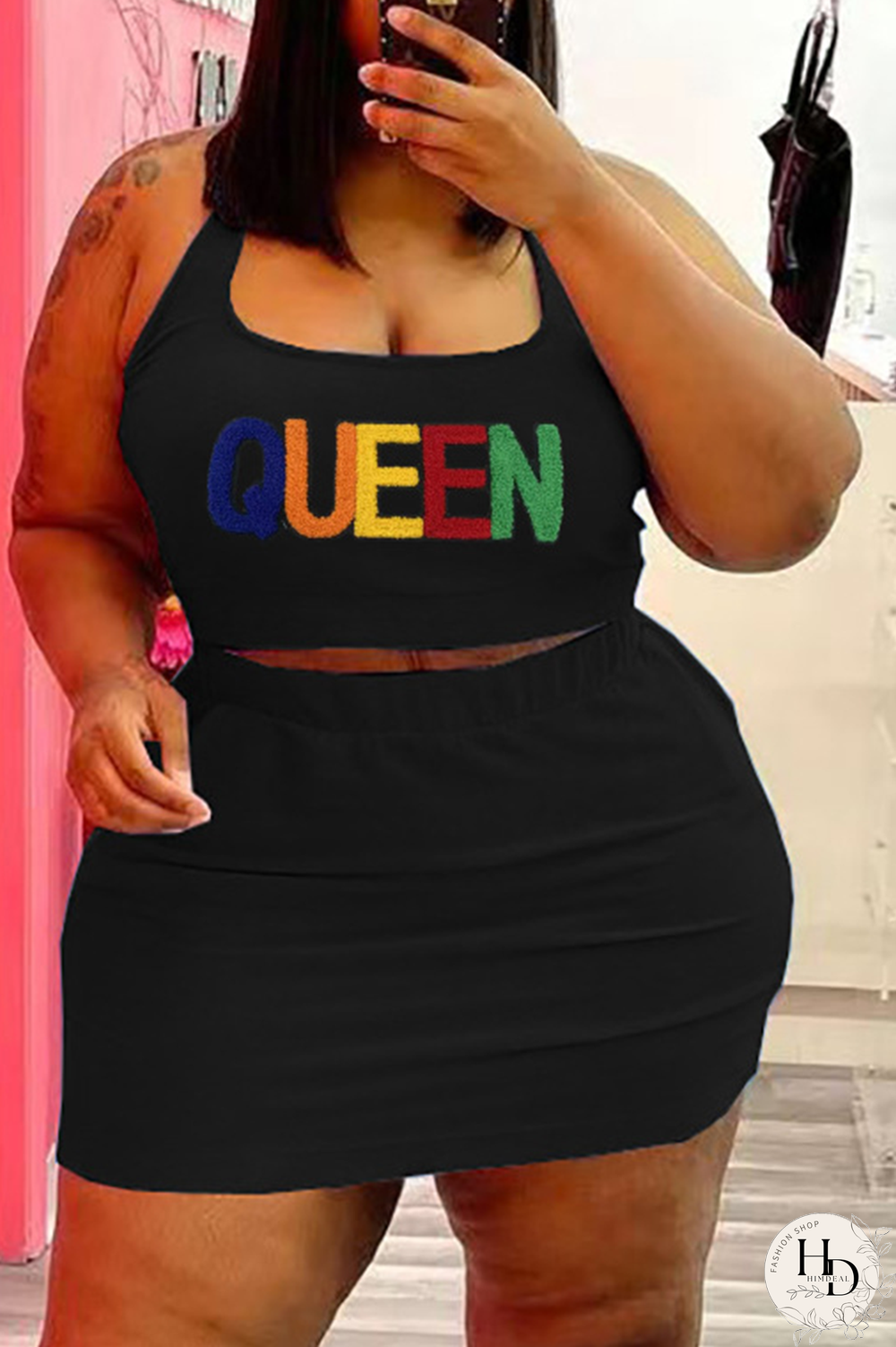 Black Casual Print Split Joint U Neck Pencil Skirt Plus Size Two Pieces