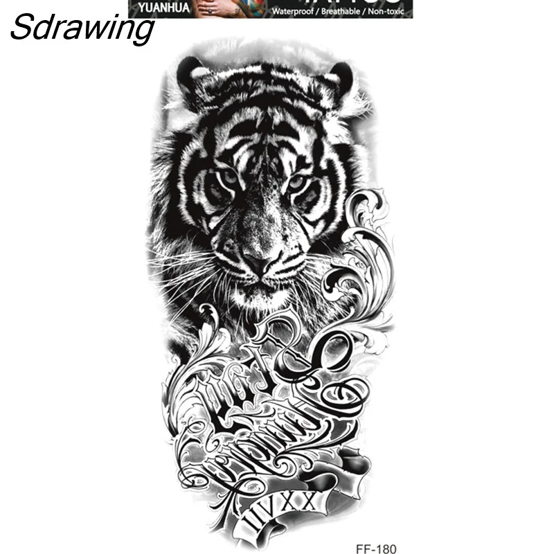 Sdrawing Forest Tattoo Sticker for Men Women Children Tiger Wolf Death Skull Temporary Tattoo Fake Henna Skeleton King Animal Tatoo