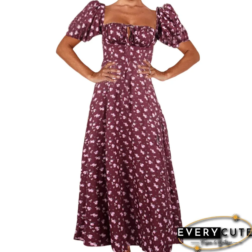 Wine Red Square Neck High Split Floral Dress
