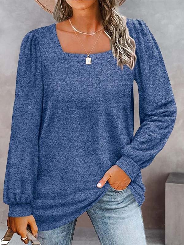 Square Neck Puff Sleeve Long Sleeve Loose T-Shirt
