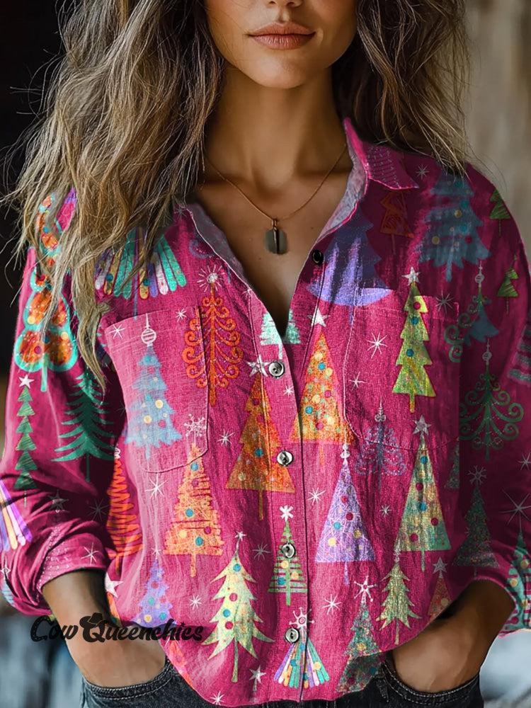 Women’s Pink Christmas Tree Art Print Casual Long Sleeve Comfortable Cotton Shirt Multicolor / S