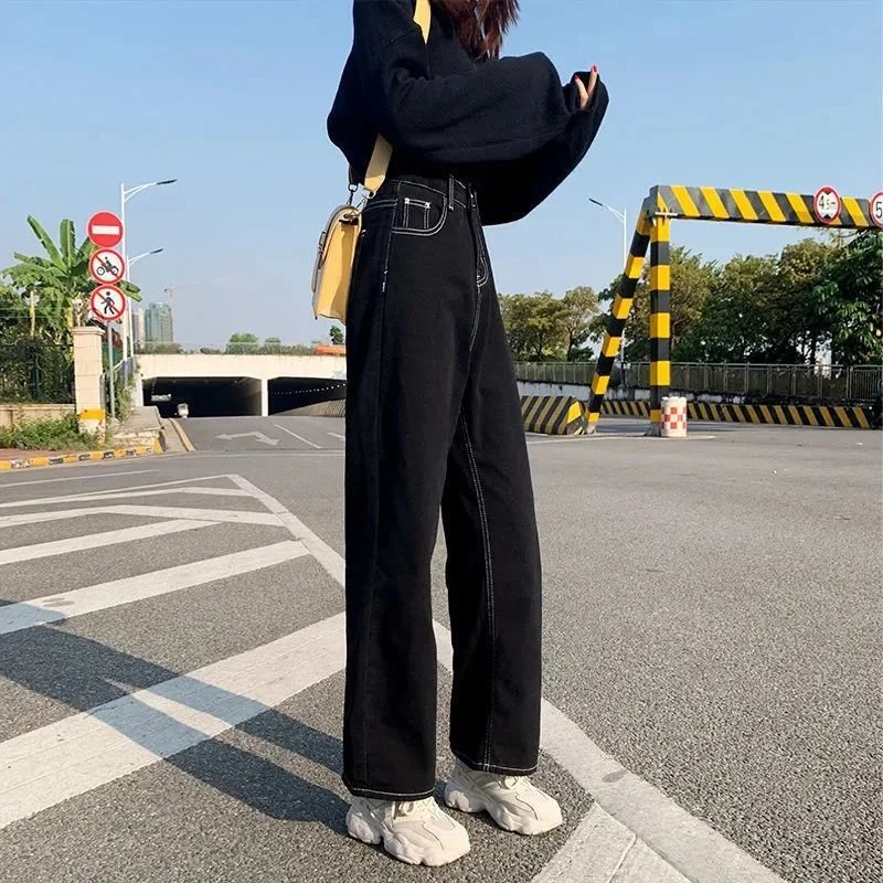 Jeans Women Thread Plus Size S-5XL Vintage Wide-leg All-match Version Harajuku High-waist Trousers Chic Ulzzang Female Students