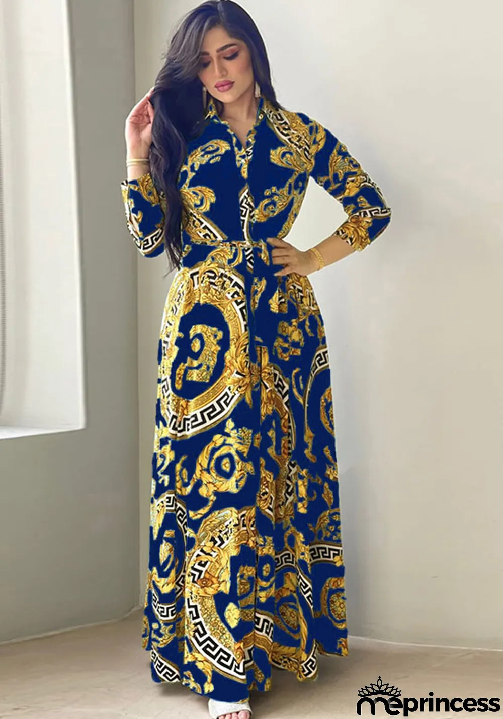 Women Spring Blue Arab Dubai Middle East Turkey Morocco Printed Belted Islamic Clothing Kaftan Abaya Muslim Dress