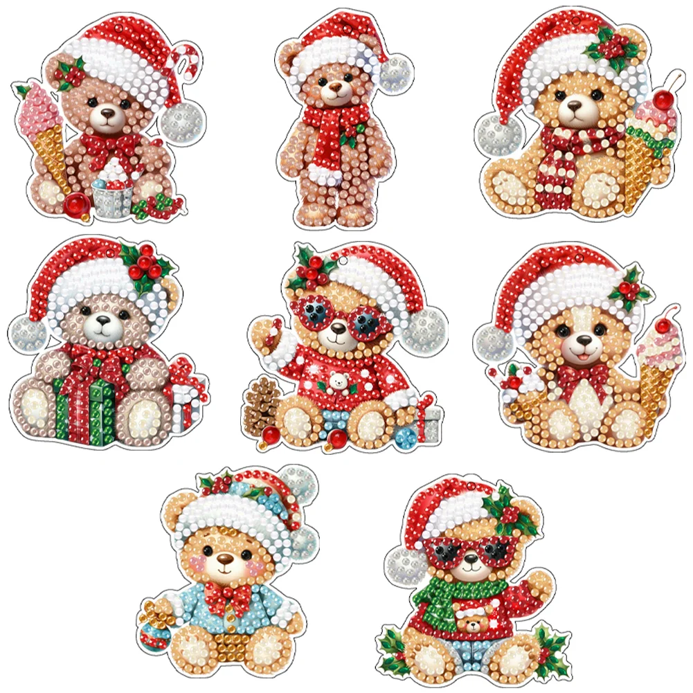 5D DIY 8Pcs Christmas Bears Diamond Painting Christmas Tree Pendant for Xmas Tree 